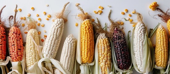 Corn with skin or without skin isolated on white background A collection of corn Top view flat. Creative Banner. Copyspace image