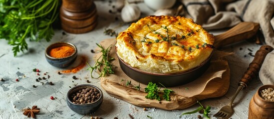 Classic pie with salmon and white fish on wooden board Composition with fish pie on concrete background with textile and spices Homemade pie with fish in rustic style on gray table. Creative Banner