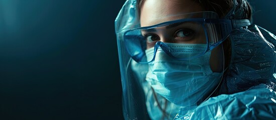look of a doctor s girl in a suit for bacteriological protection Pandemic. Creative Banner. Copyspace image - obrazy, fototapety, plakaty