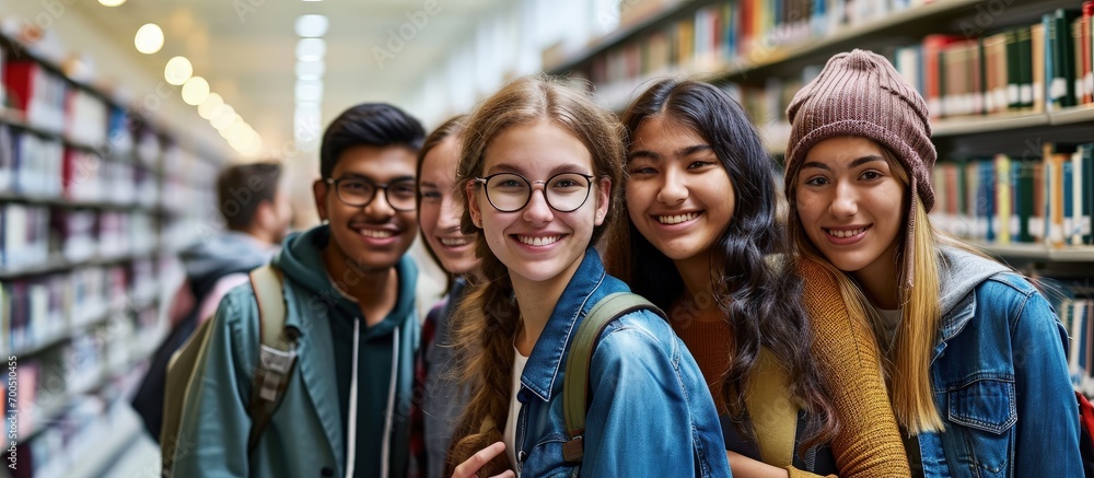 Poster group of college students at the library smiling. creative banner. copyspace image