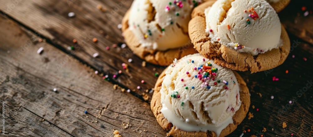 Aufkleber ice cream sandwiches with vanilla ice cream and peanut butter cookies and sprinkles. creative banner