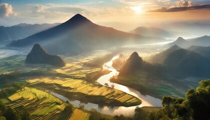mountain and rive field with river in the middle at morning, beautiful view of rice field at the morning with clear sky - obrazy, fototapety, plakaty