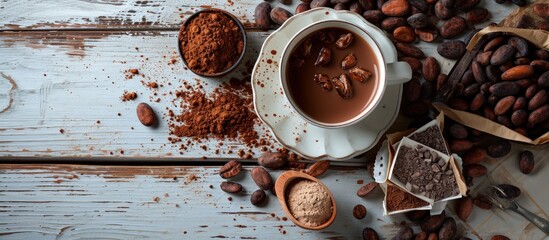 Hot chocolate in the cup cocoa beans and powder on the white wooden table top view. Creative...
