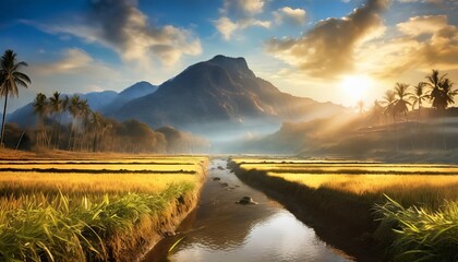 mountain and rive field with river in the middle at morning, beautiful view of rice field at the morning with clear sky