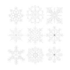 Naklejka na ściany i meble A set of white snowflake designs on a transparent background, each with its own unique pattern, symbolizing the diversity of ice crystals in nature.