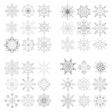 A mesmerizing array of white snowflake designs on a transparent background, each intricately patterned to celebrate the unique geometry of winter.
