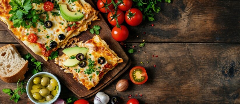 Healthy chicken and bean gluten free lasagna topped with pitted olives avocado tomatoes and fresh coriander in black baking dish on dark wood table vertical view. Creative Banner. Copyspace image