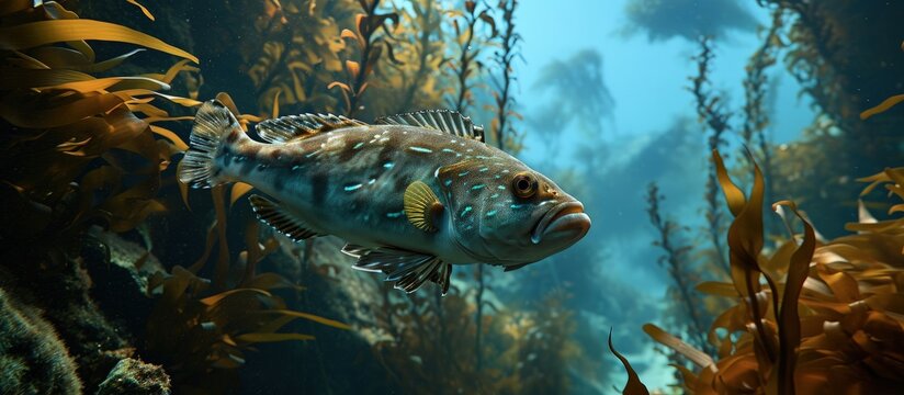 Leatherjacket Parika scaber hovering above kelp forest. Creative Banner. Copyspace image