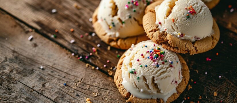 Ice cream sandwiches with vanilla ice cream and peanut butter cookies and sprinkles. Creative Banner. Copyspace image
