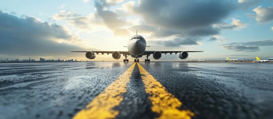 Business and logistics Cargo transportation with air plane Equipment containers shipping and the traffic road with the yellow line perspective. Creative Banner. Copyspace image