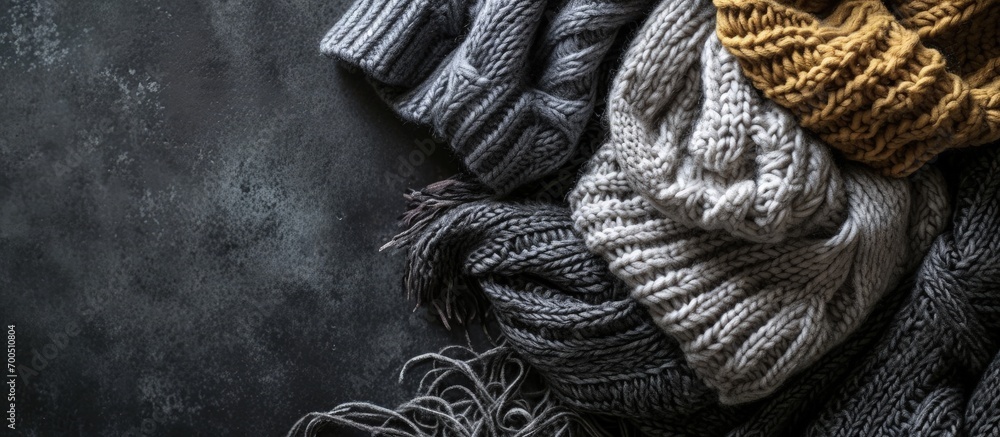 Poster a stack of gray knitted winter sweaters on a dark background. creative banner. copyspace image