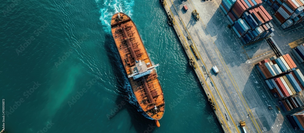 Poster aerial drone ultra wide top down panoramic photo with copy space of container tanker anchored in loa
