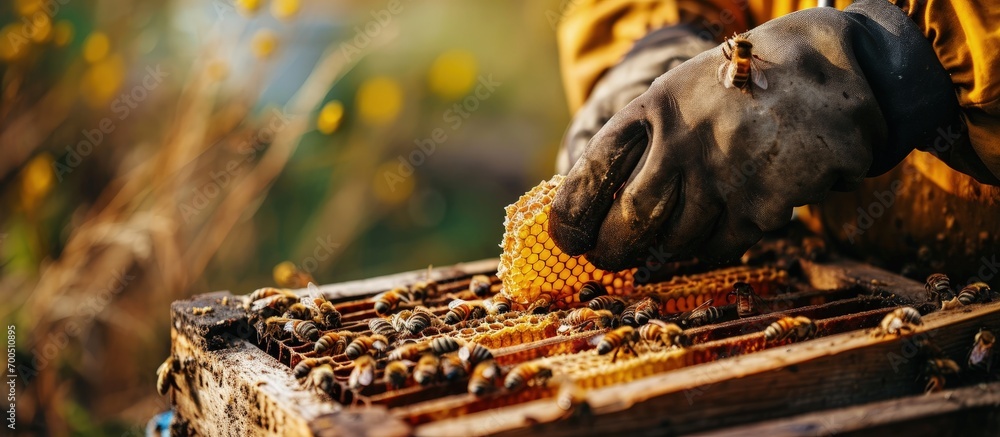Aufkleber Beekeeper removing honeycomb from beehive Person taking honey from hive Farmer working with honeycomb in apiary Beekeeping in countryside Organic farming honeycomb in the hands of a close up