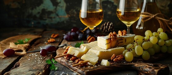 Girl holding piece of parmesan cheese on a skewer and wooden plate with cheese Delicious cheese mix with walnuts honey Food for wine. Creative Banner. Copyspace image - obrazy, fototapety, plakaty