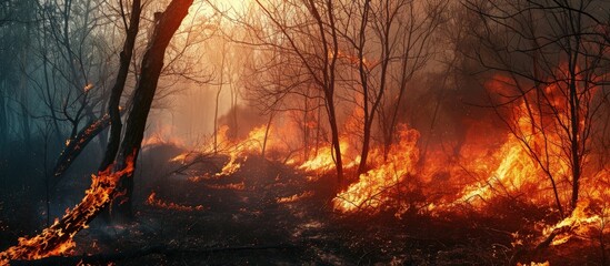 Development of forest fire Flame is starting trunk damage. Creative Banner. Copyspace image