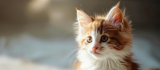 Adorable orange and white Norwegian forest cat kitten. Creative Banner. Copyspace image