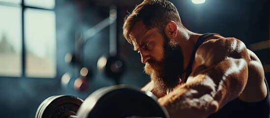 Full body shirtless bearded sportsman preparing to lift hexagon dumbbell during functional workout in dim light of fitness center. Creative Banner. Copyspace image - obrazy, fototapety, plakaty