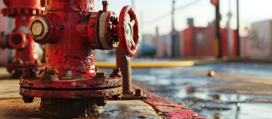 Fire engine hose hookup water or foam discharge valves. Creative Banner. Copyspace image