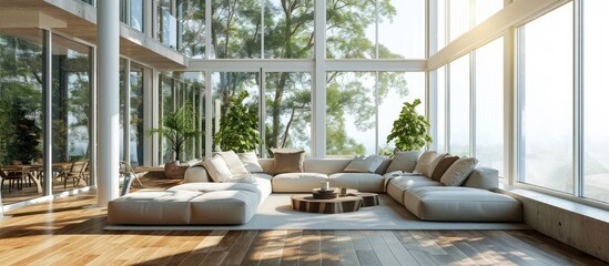 Elegant bright and comfortable designed living room with big corner sofa wooden floor and big windows. Creative Banner. Copyspace image