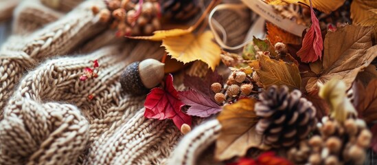 fall mockup card with autumn leaves invitation card with environment and details Mockup with postcard and flowers acorn and ribbon on knitted background. Creative Banner. Copyspace image