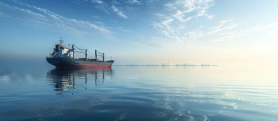 General cargo ship with cranes sailing in a still sea water Clear blue sky Panoramic view Freight transportation nautical vessel global communications industry carrying logistics commerce - obrazy, fototapety, plakaty