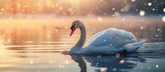 Alone white swan swim in the winter lake water in sunrise time Snow falling Animal photography. Creative Banner. Copyspace image