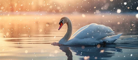 Fototapeten Alone white swan swim in the winter lake water in sunrise time Snow falling Animal photography. Creative Banner. Copyspace image © HN Works