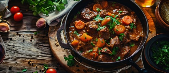 Delicious beef bourguignon stew with wine carrots and onion garnished with parsley. Creative Banner. Copyspace image - obrazy, fototapety, plakaty
