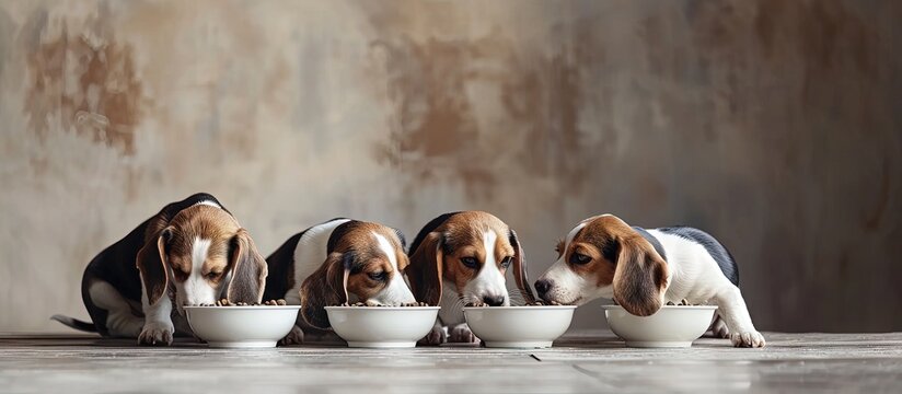 Cute little Beagles eating feed in dog bowl. Creative Banner. Copyspace image
