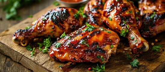 Grilled Glaze chicken legs style rustic selective focus. Creative Banner. Copyspace image
