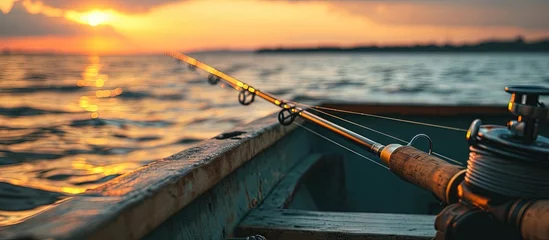 Foto op Canvas Fishing rod spinning Fishing rod in rod holder and boat due the fishery day at the sunset Rod rings Fishing tackle Fishing spinning reel carp fish ing Angler at sunse Algeria in Africa © HN Works