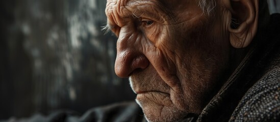 I miss you Desperate elderly male widower mourning trying to be strong after loss of beloved wife Upset hoary aged man prop cheek with hand suffer from heavy thoughts depression chronic disease - obrazy, fototapety, plakaty