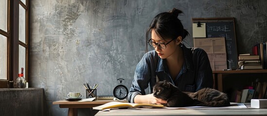 Brunette copywriter holding oriental cat near documents and gadgets at home. Creative Banner. Copyspace image