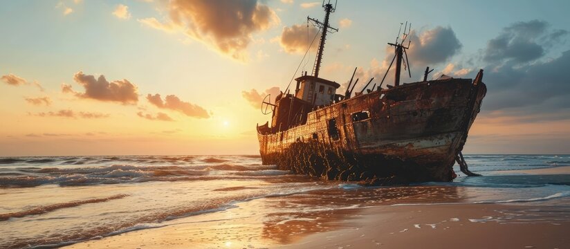 Abandoned boat wreck washed up on the beach one morning. Creative Banner. Copyspace image