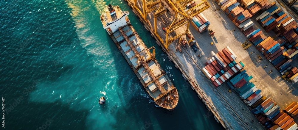Poster aerial drone ultra wide top down panoramic photo with copy space of container tanker anchored in loa