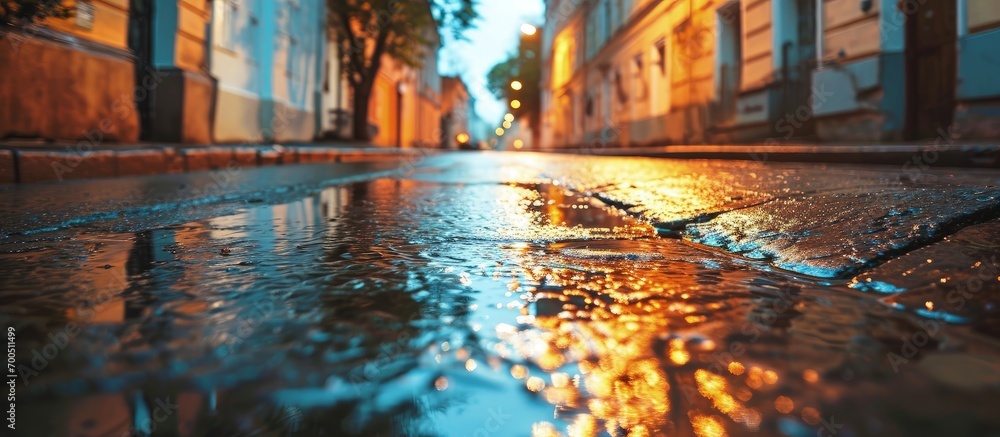 Wall mural Asphalt road after the rain and crosswalk with reflections vertical photo of wet empty street. Creative Banner. Copyspace image