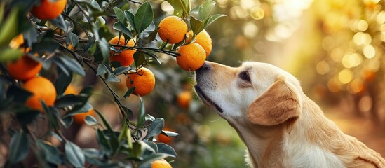 Dog sniffing mandarin on tree likes citrus fruits. Creative Banner. Copyspace image