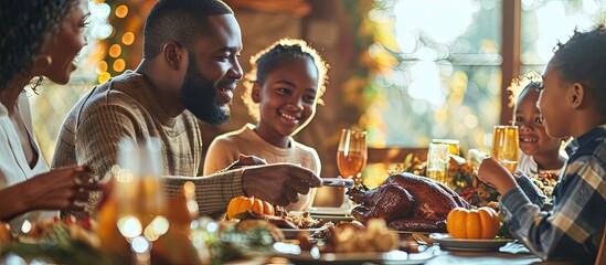 Fototapeta na wymiar Happy black parents and kids toasting while celebrating Thanksgiving day during family lunch at dining table. Creative Banner. Copyspace image