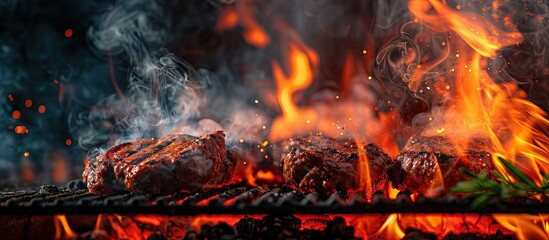 burning fire in compact grill wood logs engulfed red flames closeup of metal grill on burning coals aromatic smoke rises appetizingly fun party happy childhood family activity cooking outdoors - Powered by Adobe