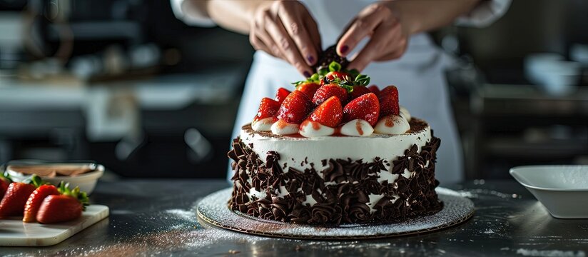 Close up view of a chef confectioner putting fresh strawberry slice on top of a birthday cake layered with three chocolate mousse layers in the come kitchen Confectionery Bakery Food industry