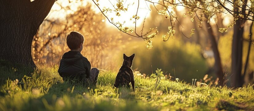 boy with a dog walks in the park on a sunny spring evening sits on the grass the dog obeys the order give a paw Friendship of man and animal healthy lifestyle. Creative Banner. Copyspace image