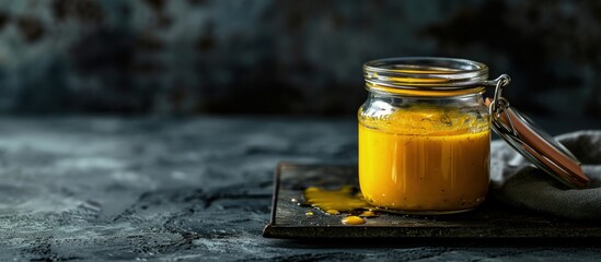 Homemade honey mustard salad dressing in a jar. Creative Banner. Copyspace image - obrazy, fototapety, plakaty