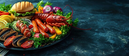 Food platter with lobster burgers hotdogs and decorative vegetables. Creative Banner. Copyspace image