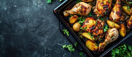 Grilled chicken legs with potato slices on a black metal tray Top view. Creative Banner. Copyspace image - obrazy, fototapety, plakaty