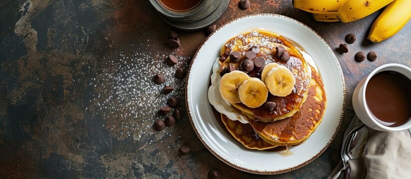 Corn pancakes with caramelized bananas natural yogurt and chocolate chips on white plate Girl eating pancakes for breakfast First person view top view. Creative Banner. Copyspace image