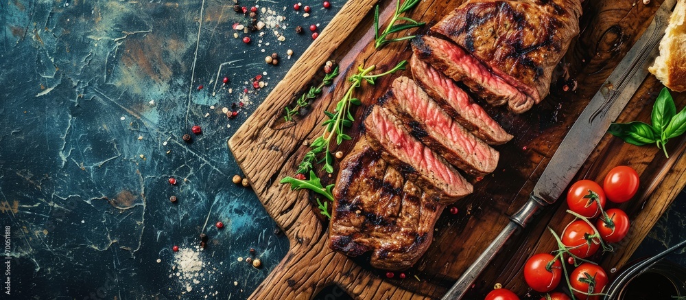 Poster grilled beef steak with spices on cutting board top view flat lay. creative banner. copyspace image