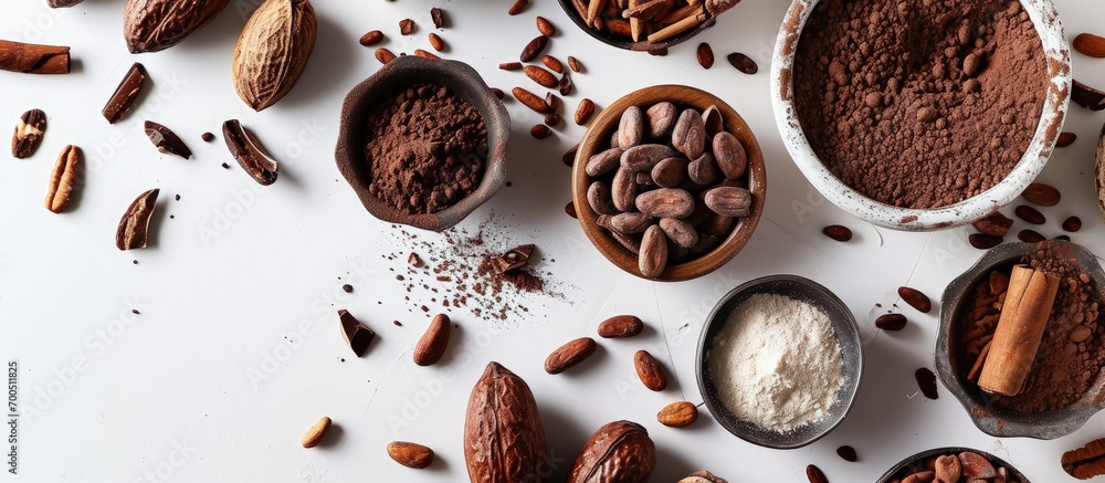 Aufkleber cocoa drink and cocoa powder in wooden spoon isolated on white background top view flat lay. creativ
