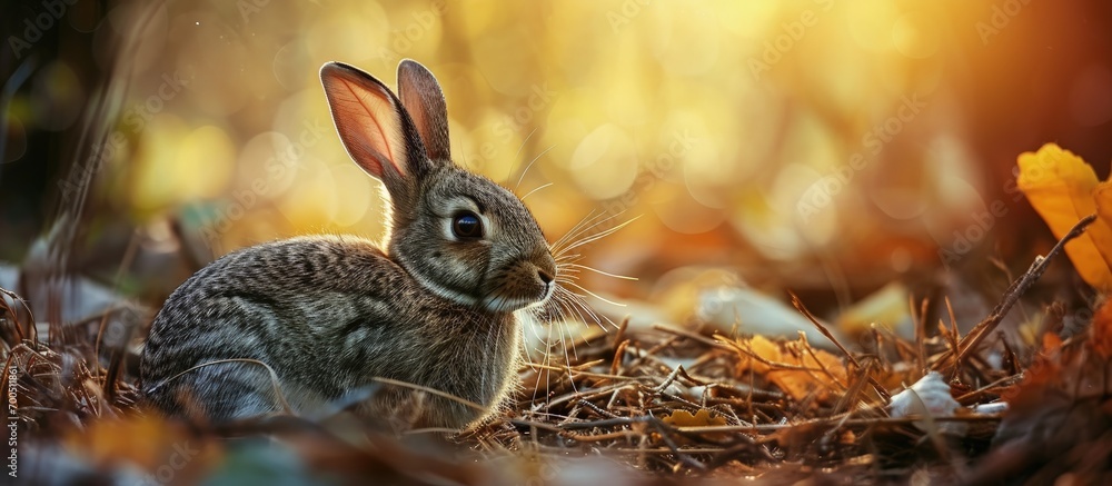 Poster a pet rabbit looks at the camera in the grass in the outhouse. creative banner. copyspace image