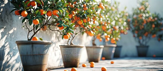 Grapefruit trees with ripe fruits in large flowerpots. Creative Banner. Copyspace image - obrazy, fototapety, plakaty