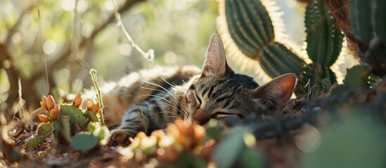 Local cute outdoor colorful cat sleeps in the shade of cacti pet care environmental care. Creative Banner. Copyspace image